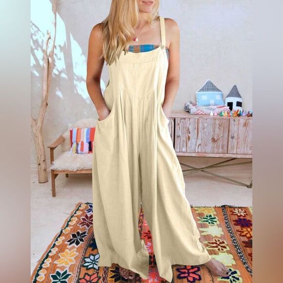 ANRABESS JUMPSUIT LOOSE SLEEVELESS ADJUSTABLE STRAPS BIB WIDE LEG W/POCKETS sz M - Picture 3 of 16